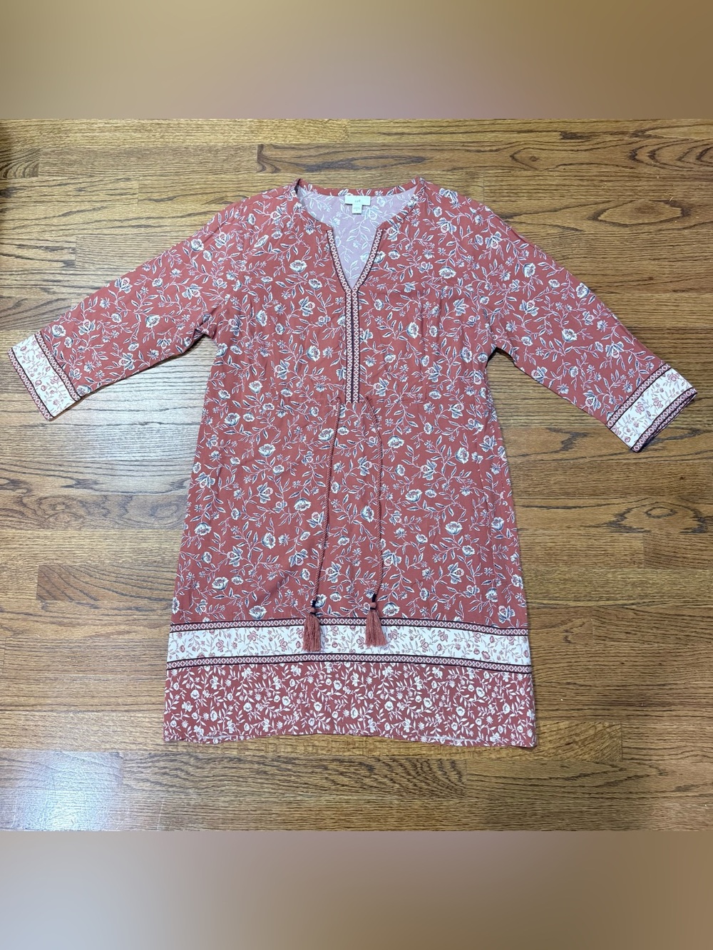 J. Jill Womens Medium Terracotta Floral Rayon Tassel Shift Dress 3/4 Sleeve Rust